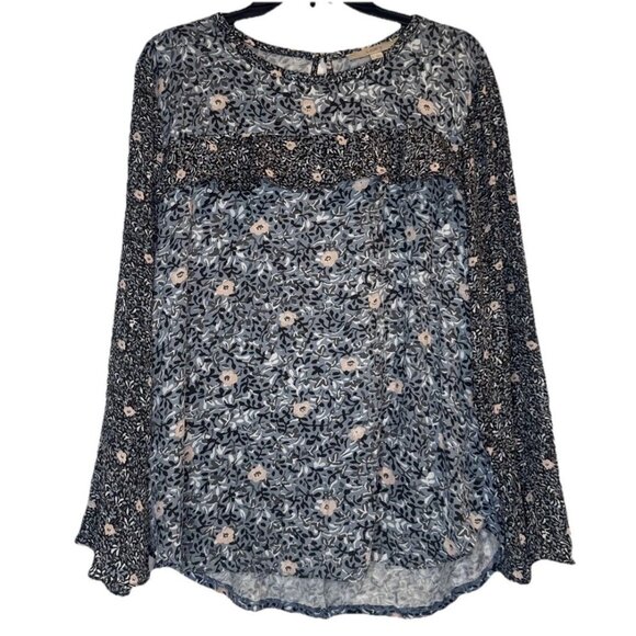 LOFT Women’s Floral Bell Sleeve Ruffle Round Neck Casual Blouse Top Sz L NEW - Picture 1 of 12